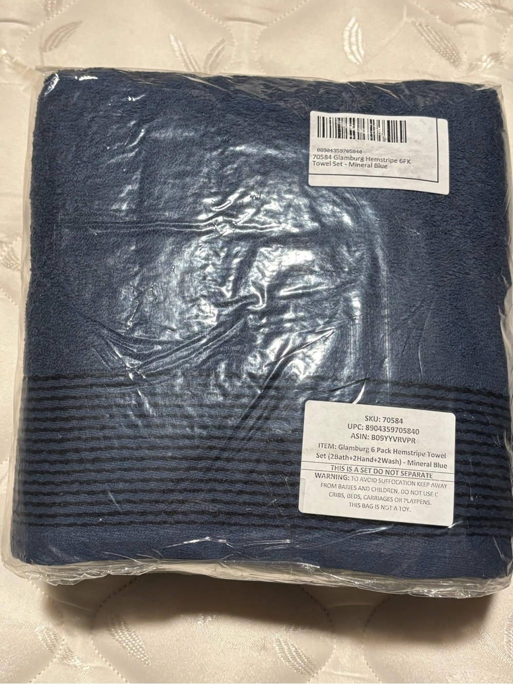 Glamburg 6 Pack Hemstripe Towel Set (2Bath+2Hand+2Wash) - Mineral Blue, BNWT